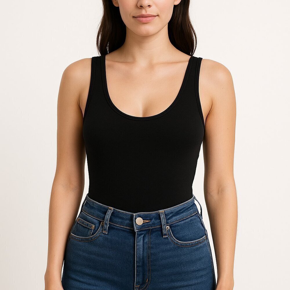 Rachel Roy Black Bodysuit Small | Pima Cotton Blend Thong Back Scoop Neck